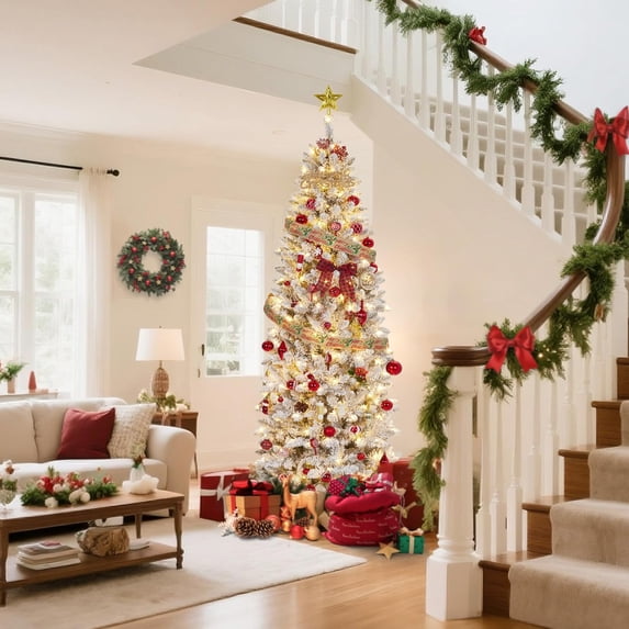 Led Platform Christmas Tree 7.5 FT Slim Artificial Christmas Tree with 170 LED Lights, Frosted PVC ...