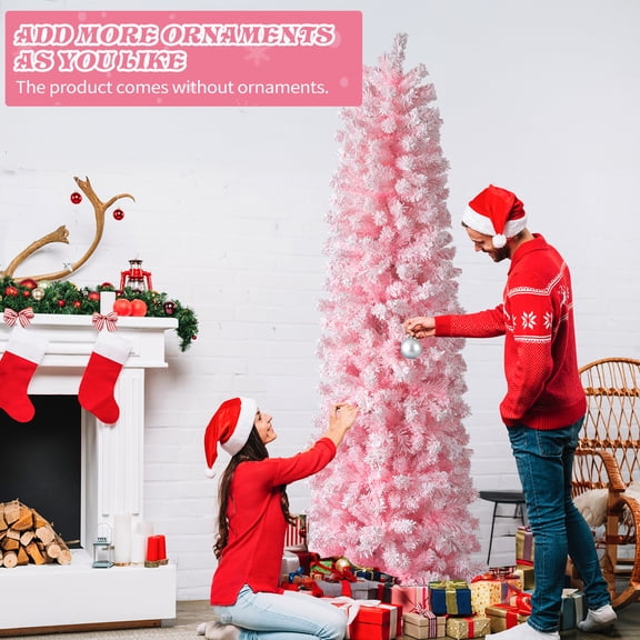 7.5 FT Snow Flocked Hinged Christmas Tree Artificial Pencil Tree Unlit 641 Branch Tips Sturdy Stand Pink