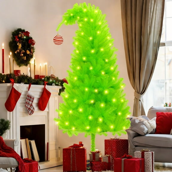 7.5 FT Whimsical Christmas Tree Pre-Lit Artificial Tree Top Curved Green Xmas Tree for Holiday Decor for Indoor Home Living Room