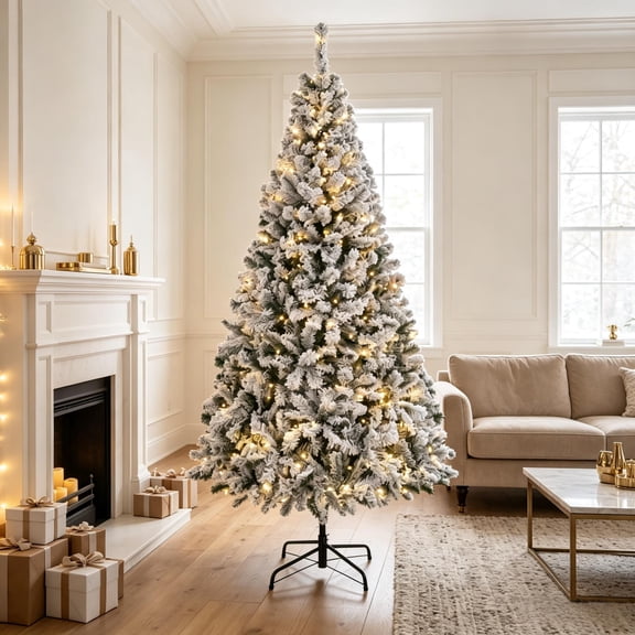 7.5 Ft Green PreLit Flocked Fraser Fir Artificial Christmas Tree, Hinged Branches with Integrated LED Lights, Foldable Metal Base in Green and White