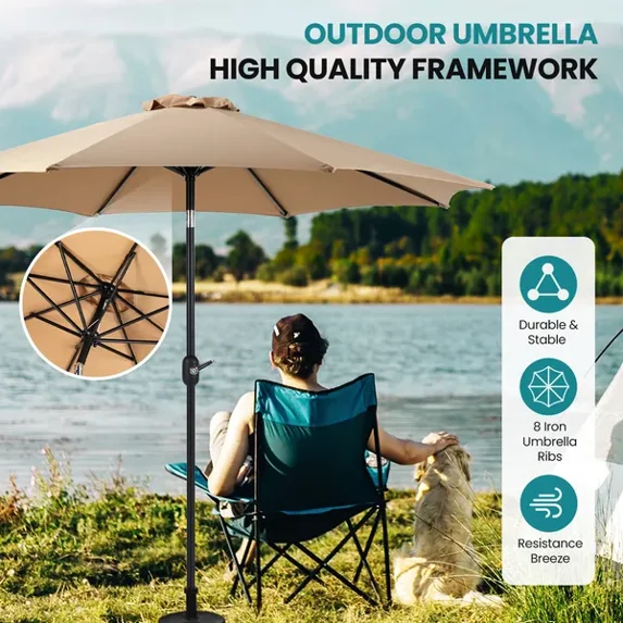 7.5 Ft Outdoor Patio Umbrella with Push-Button Tilt & Crank Lift 6-Rib UV15+ Waterproof Sun Shade for Garden Lawn Poolside
