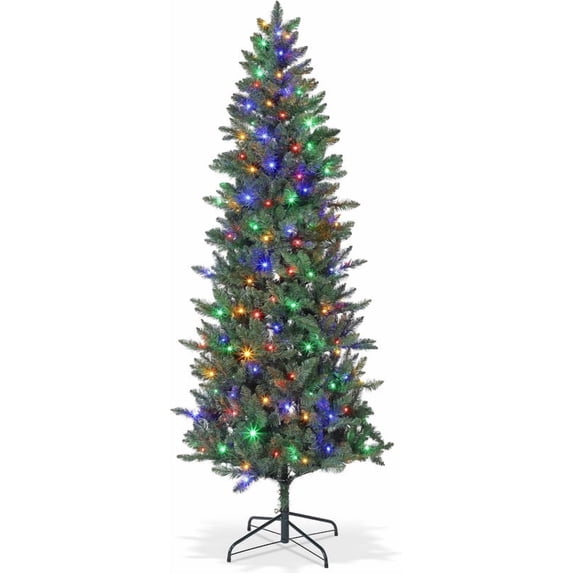 7.5 Ft Prelit Pencil Artificial Christmas Tree with Timer 200+ LED Warm White & Colorful Change Lights 8 Modes Plug in 550 Branch Tips Metal Stand Slim Tree Xmas Decor Indoor Outdoor