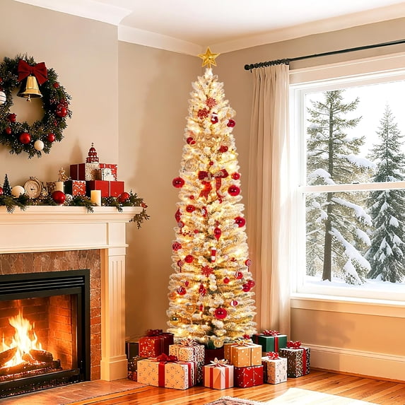 Led Panel Christmas Tree 7.5-Ft Slim Pencil Snow-Flocked Artificial Christmas Tree with Warm ...