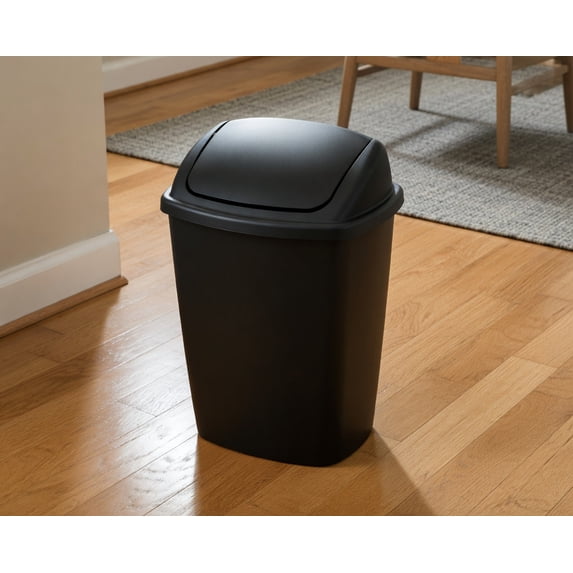7.5 Gallon (30 Quart) Black Plastic Kitchen Trash Can with Swing Top Lid - Slim Rectangular Garbage Bin Wastebasket