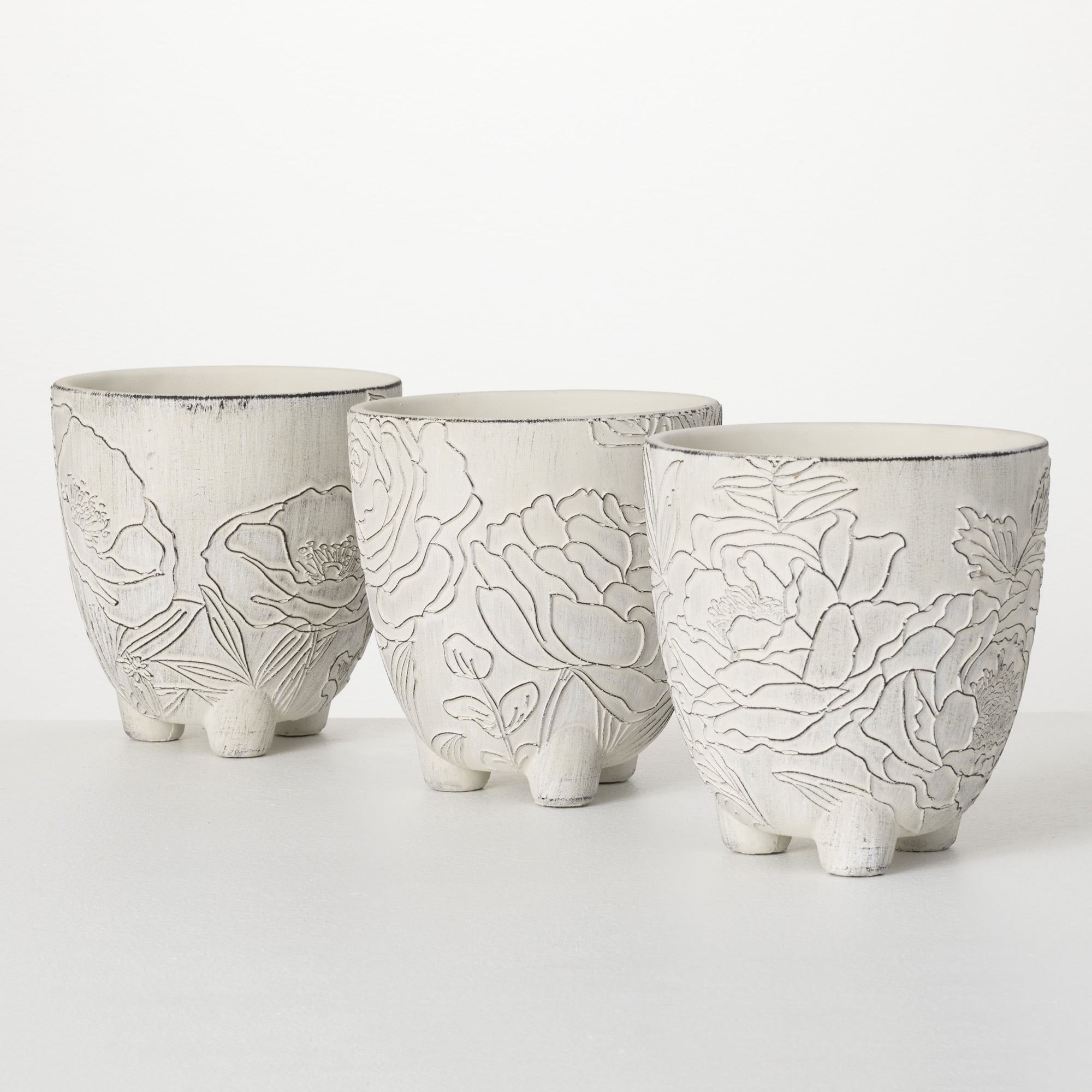 7.5"H Sullivans Large Cement Floral Line Art Pots Set of 3, Gray