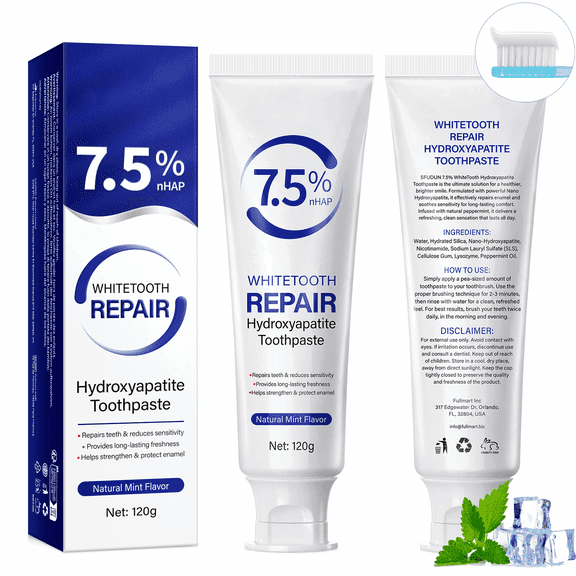 7.5% Hydroxyapatite Toothpaste 2 Pack, Protects Enamel and Strengthens Teeth, Cleans and Cares for Oral Health, Promotes Freshens Breath