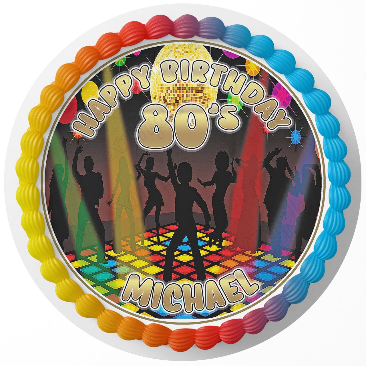 7.5 Inch 80s Disco Party Cake Topper Round Edible Birthday Cake