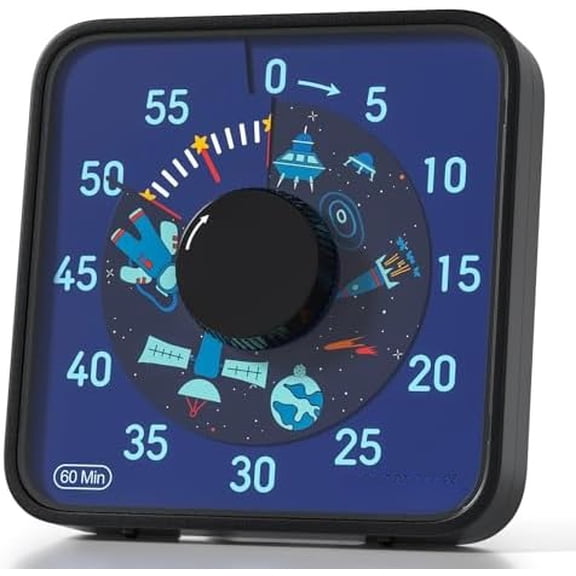7.5-Inch Astronaut Pattern Visual Timer for Kids, 60-Minute Countdown Timer for Classroom or Kitchen, Durable Mechanical Timer Clock with Magnetic Backing (Black)