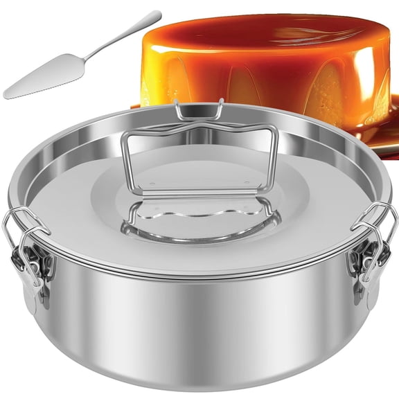 7.5 Inch Flan Mold 304 Stainless Steel 1.5QT Round Baking Pan with Lid Handle for Cake Pudding (asshown )