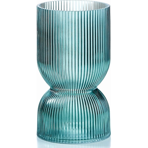 7.5 Inch Glass Hourglass Vase - Green Ribbed Bud Flower Vases for Floating Candles, Centerpieces, Wedding Reception Decor - Hurricane Candle Holder for Home Decor, Housewarming Gift