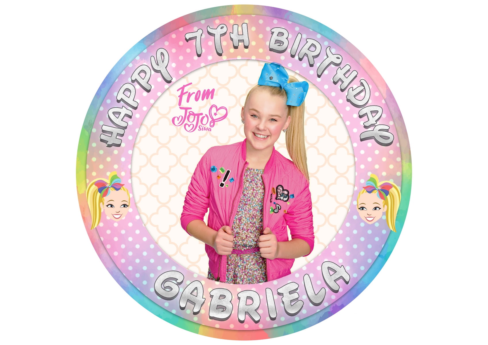 7.5 Inch JoJo Siwa Joelle Joanie Cake Topper - Round Edible Birthday Cake Decorations, Happy Birthday Cake