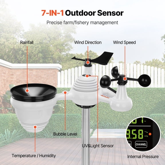 7.5 Inch Large Display Wireless Weather Station, 7-in-1 Indoor Outdoor Monitor for Temperature Humidity Wind Speed Direction Rain UV, Forecast Alarm