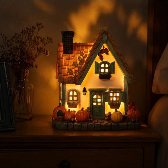 7.5 Inch Light Up Pumpkin Resin Cottage Figurine, LED Glowing A-Frame Autumn House Decor for Fall Harvest Thanksgiving Tabletop Home Decoration