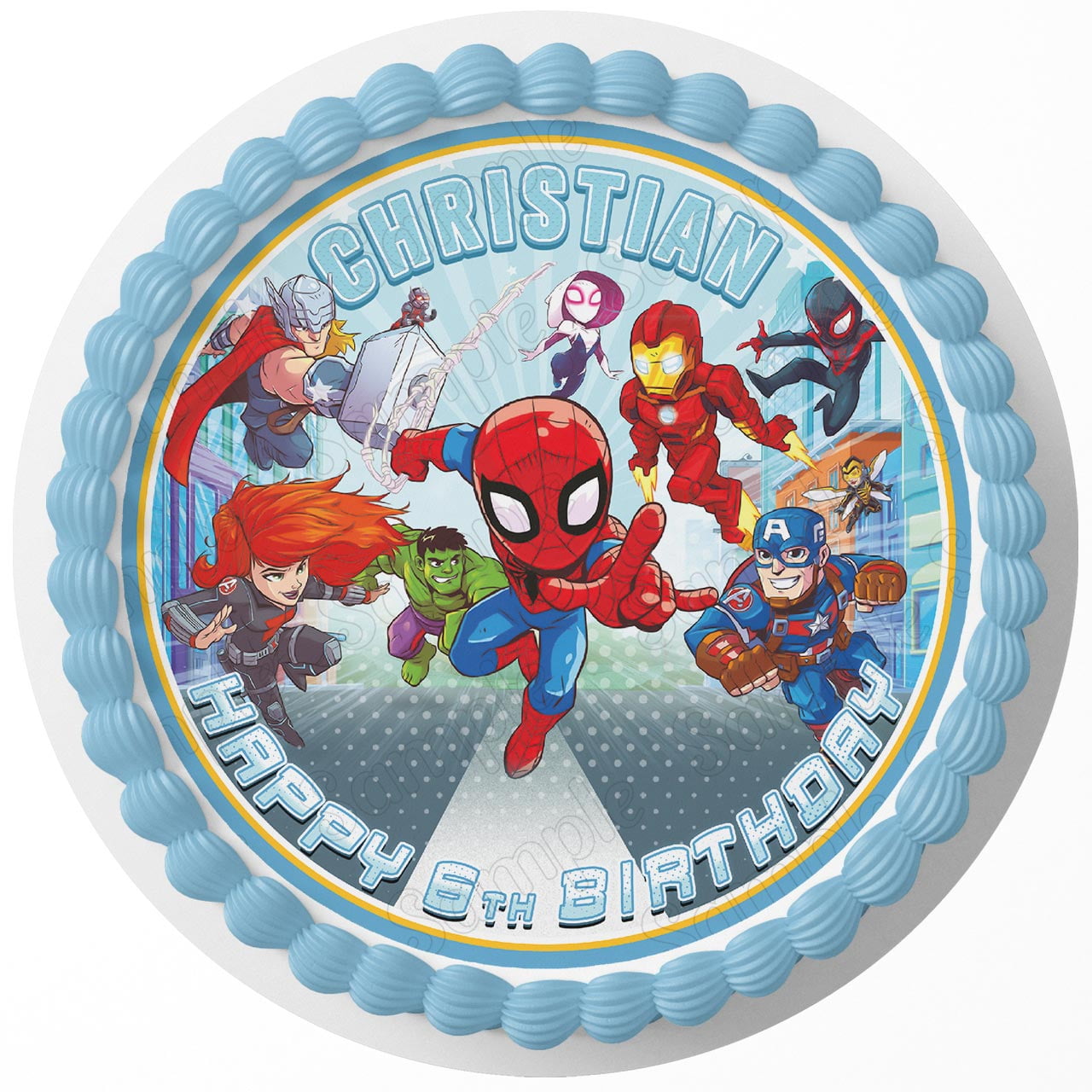 7.5 Inch Marvel Super Hero Adventures Rd C1 Cake Topper - Round Edible Birthday Cake Decorations, Happy Birthday Cake