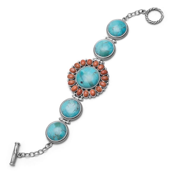 7.5 Inch Oxidized 925 Sterling Silver Toggle Bracelet Simulated Turquoise Orange Coral Sunburst Link Bracelet for Women