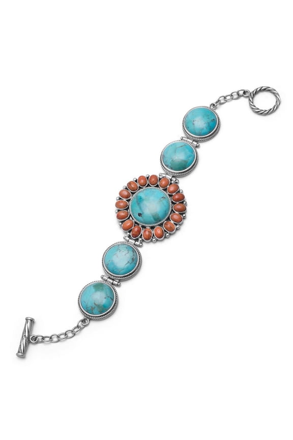 7.5 Inch Oxidized 925 Sterling Silver Toggle Bracelet Simulated Turquoise Orange Coral Sunburst Link Bracelet for Women