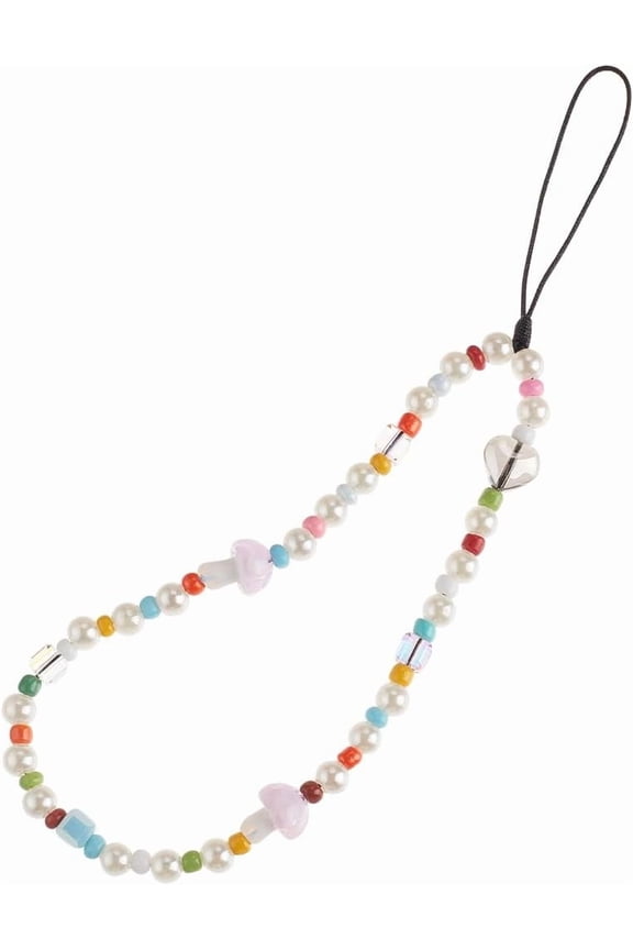 7.5 Inch Phone Strap Anti-Lost Wrist Chain Beaded Phone Strap Mushroom Heart Detachable Cell Phones Universal Handmade Keychain Phone Case Accessory Pearl Lanyard for Women Girl for DIY