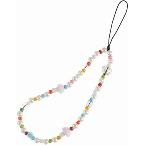 7.5 Inch Phone Strap Anti-Lost Wrist Chain Beaded Phone Strap Mushroom Heart Universal Handmade Keychain Phone Case Accessory Pearl Lanyard for Women Girl Colorful DIY