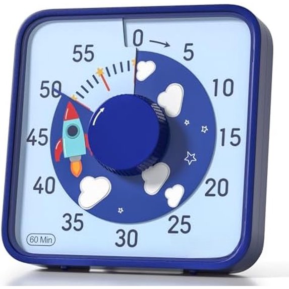 7.5-Inch Rocket Pattern Visual Timer for Kids, 60-Minute Countdown Timer for Classroom or Kitchen, Durable Mechanical Timer Clock with Magnetic Backing (Blue)