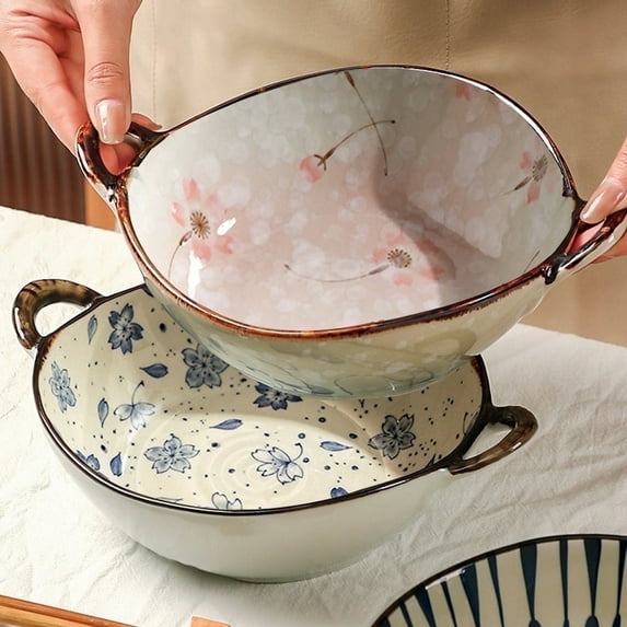 Decorative Serving Bowl - 24oz Ceramic Soup Bowl with Handle Ramen Bowl for Salad,Pasta,Cereal,700ML Porcelain Stoneware Kitchen Dish