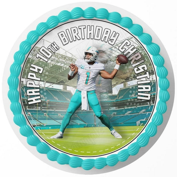 7.5 Inch Tua Tagovailoa Dolphins RD Cake Topper - Round Edible Birthday Cake Decorations, Happy Birthday Cake