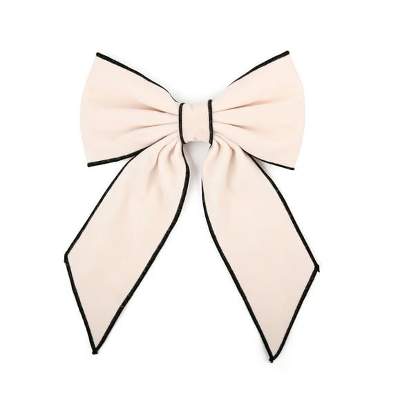 7.5 Inch Velvet Edge Stitched Hair Bow with Tails (Ivory)