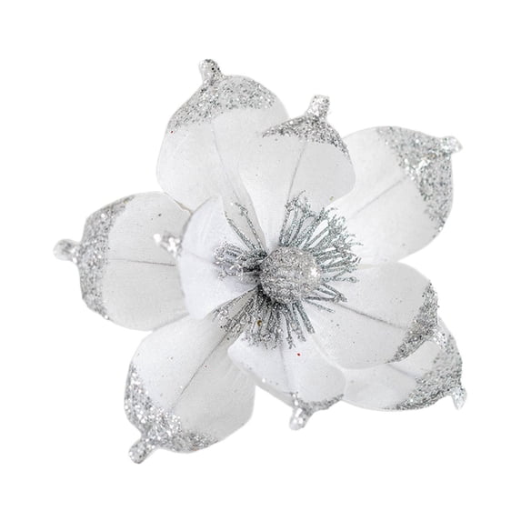 7.5" Large Christmas Magnolia Flowers, Glitter Artificial Poinsettia Stems, Velvet Texture Christmas Tree Ornaments, Home Table Decorations for Holiday Party Decor, 1 Pack,White