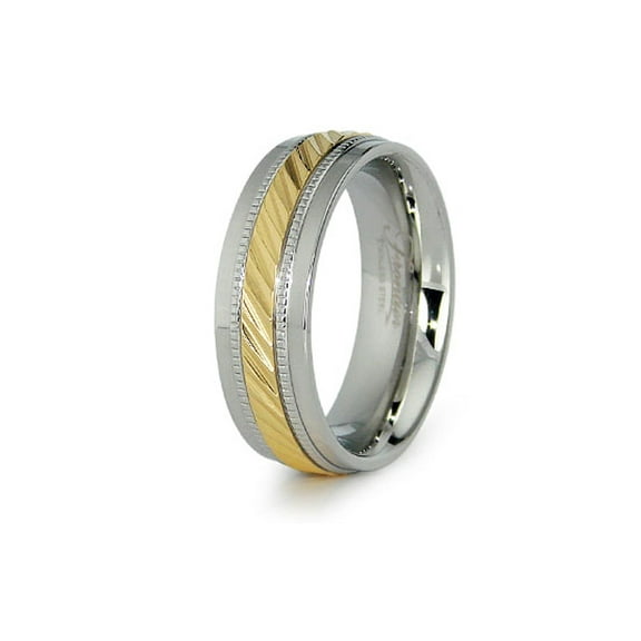 7.5 MM Two-Tone Tioneer Stainless Steel Golden Center Strip Milgrain Wedding Band Ring