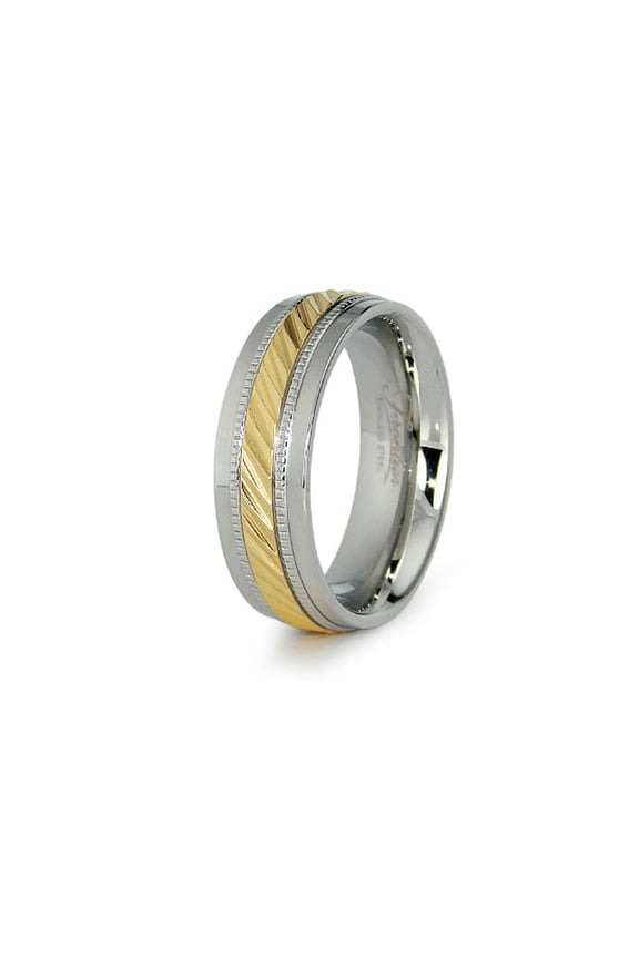 7.5 MM Two-Tone Tioneer Stainless Steel Golden Center Strip Milgrain Wedding Band Ring