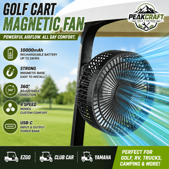 7.5" Magnetic Golf Cart Fan, Rechargeable Battery Powered Fan with 10000mAh Battery, 4 Speeds, 360 Rotation, USB-C Power Bank for Golf Cart, RV, Truck, Camping