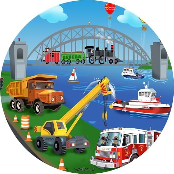 7.5" Pre-Cut Round Construction Equiptment Fire Truck Police Birthday Edible Image Cake Topper By TNCT
