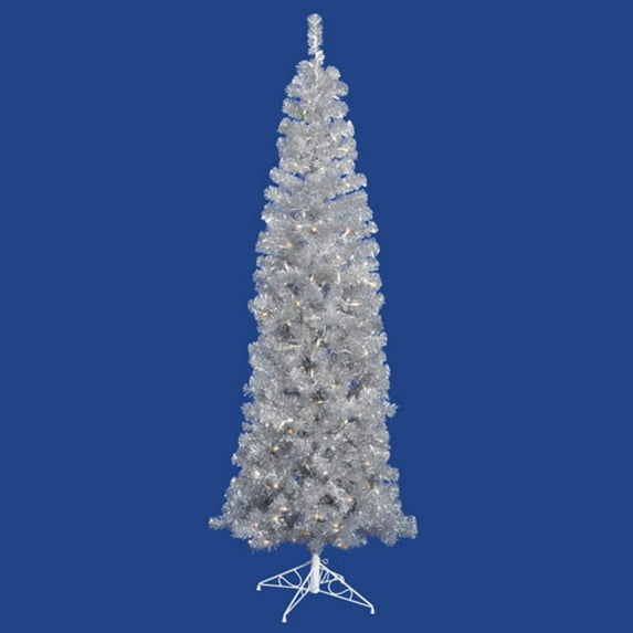 7.5' Pre-Lit Silver Artificial Pencil Tinsel Christmas Tree - Clear Lights