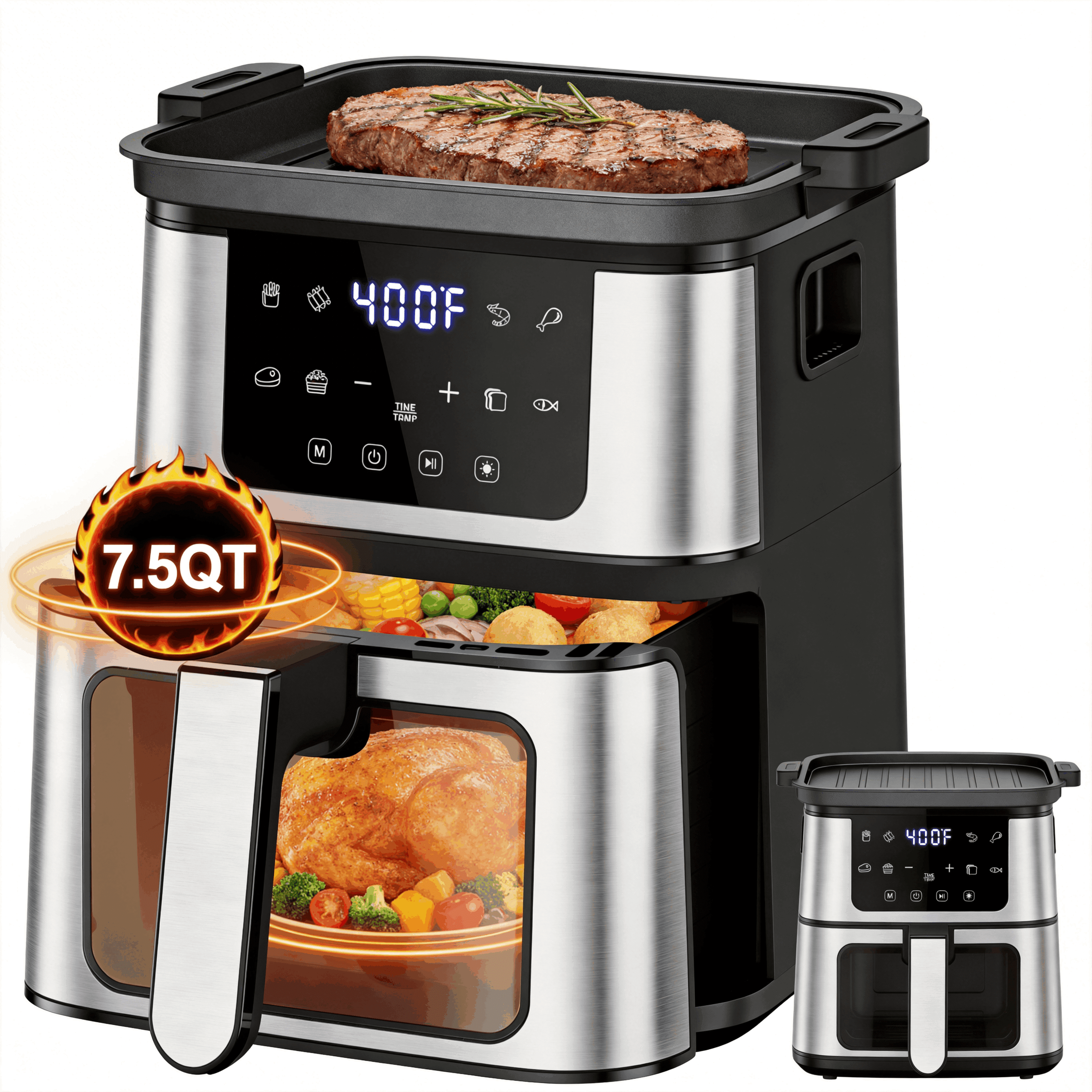 7.5 QT 8-in-1 Air Fryer Oven with Viewing Window & Light, Large Capacity Digital Air Fryer with Top Searing Grill, 95% Less Oil Cooking, Nonstick Easy-Clean Basket, Includes 100 Liners, Black