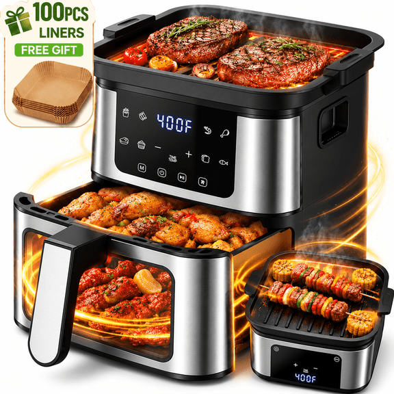 7.5 QT Air Fryer, 95% Less Oil, 360°Air Circulation, 8-in-1 Air Fryer Oven with Grill Plate, Digital LED Touch Screen, Visible Window & Light, Large Capacity Air Fryer with 8 Presets, Nonstick Black