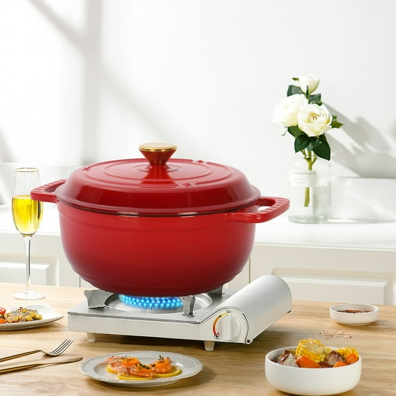 7.5 QT Cast Iron Cooking Pot with Lid and Dual Handles,Non Stick Enamel Coating,Enamel Pot with Wide Base,for 100-260,212F-500F,for Marinate,Cook,Bake,Refrigerate and Serve,2 Gloves,Red