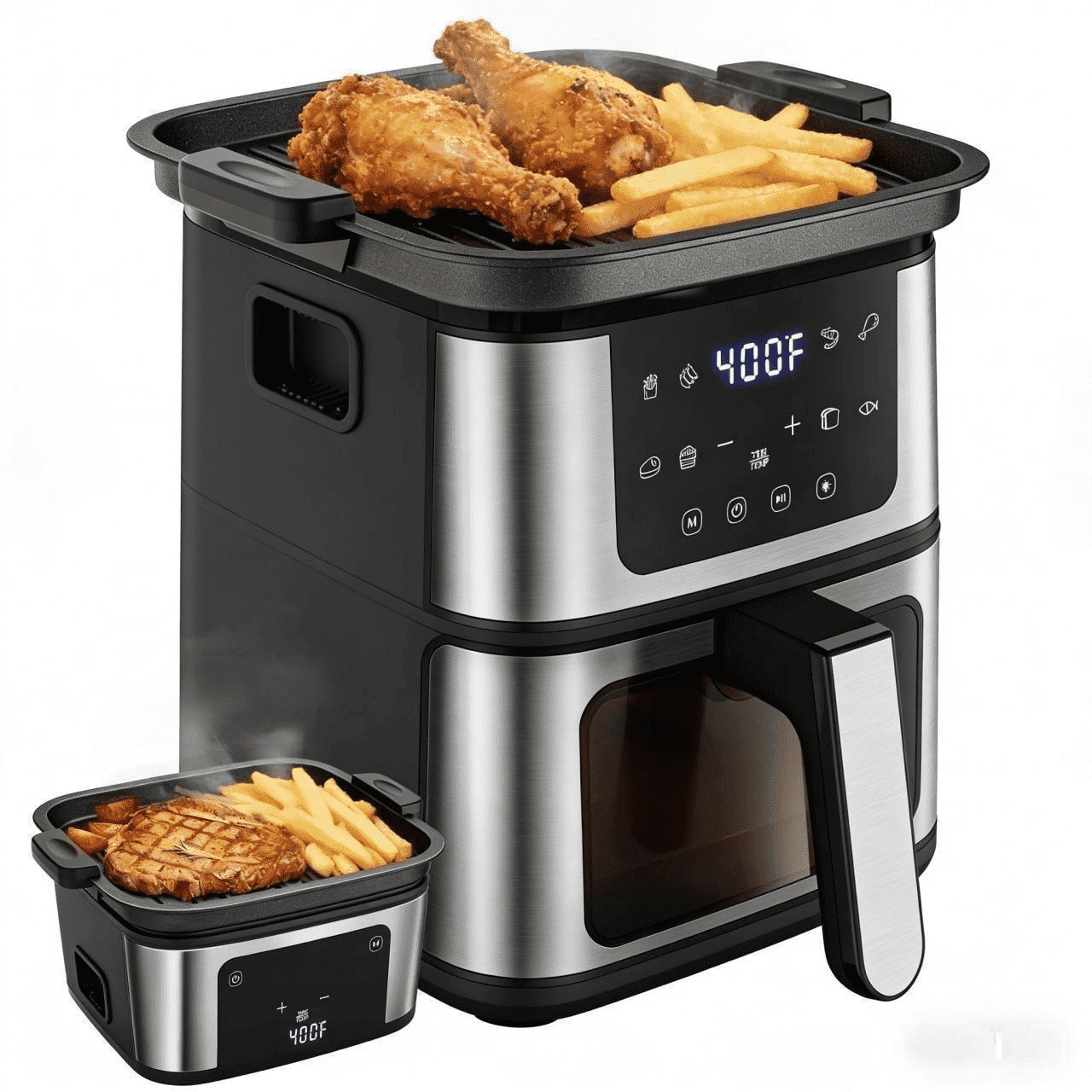 7.5 Qt. Air Fryer with Grill Plate, 8 Programs w/ Digital LED Touch Controls, Stainless Steel & Non-Stick, Dishwasher-Safe, 100Pcs Paper Gift