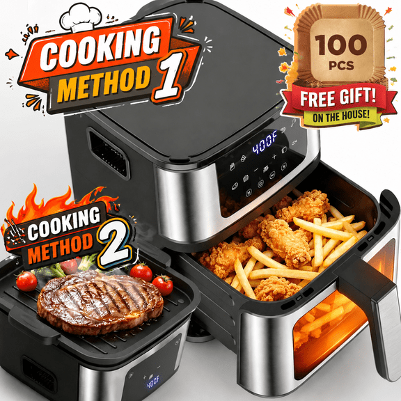 7.5 Qt. Air Fryer with Grill Plate, 8 Programs w/ Digital LED Touch Controls, Stainless Steel & Non-Stick, Dishwasher-Safe, 100Pcs Paper Gift