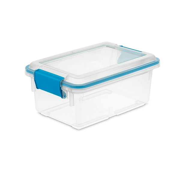 7.5 Qt Gasket Box, Stackable Storage Bin with Latching Lid and Tight Seal, Plastic Container to Organize Basement, Clear Base and Lid, 6-Pack
