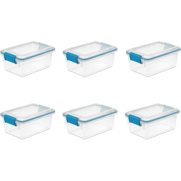 7.5 Qt Gasket Storage Box, Stackable Plastic Bin with Latching Lid and Tight Seal, Clear Base Organizer Container for Basement, Kitchen, Garage, 6-Pack
