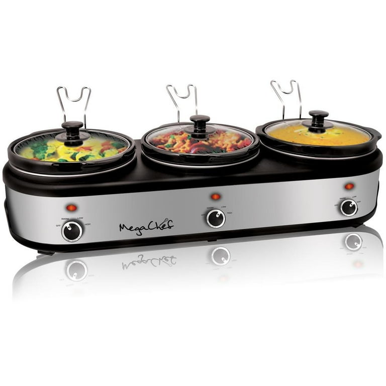 7.5 Qt. Stainless Steel Slow Cooker with 3 Crocks and Keep Warm Setting 7.5 Qt. Stainless Steel Slow Cooker with 3 Crocks and Keep Warm Setting