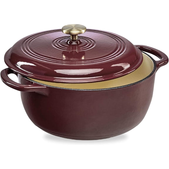 7.5 Quart Enamel Cast-Iron Round Dutch Oven, Family Style Heavy-Duty Pre-Seasoned Cookware for Home, Kitchen, Dining Room, Oven Safe w/Lid, Handles - Cabernet Red