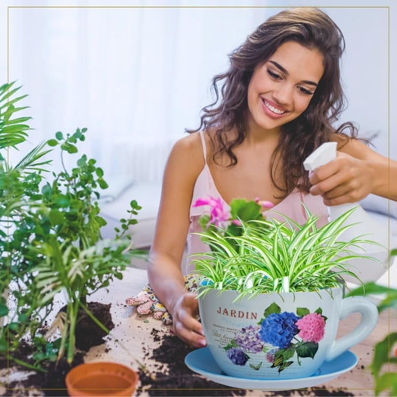 7.5” Round Ceramic Teacup Shape Planter Pot with Saucer for Succulents Orchid Herbs Cactus Indoor Houseplants Flowers for Home Garden and Event Decor – Yellow Butterfly Garden