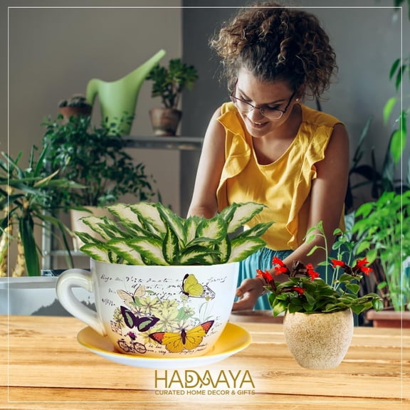 7.5" Round Ceramic Teacup Shape Planter Pot with Saucer for Succulents Orchids Herbs Cactus Indoor Houseplants Flowers for Home Garden and Event Decor – Orange Poppy Floral