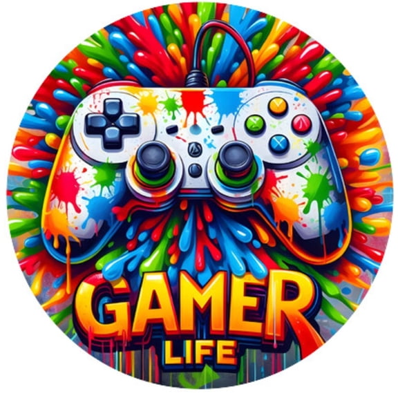 7.5" Round Pre-Cut Birthday Gamer Life Controller Theme Edible Image Cake Topper, by Tnct. (1 Count)