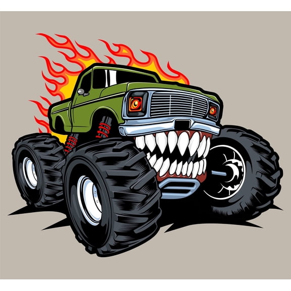 Cartoon Green Lifted Monster Truck with Teeth & Orange Flames Birthday theme Edible Icing Image Cake Topper, by Tnct.