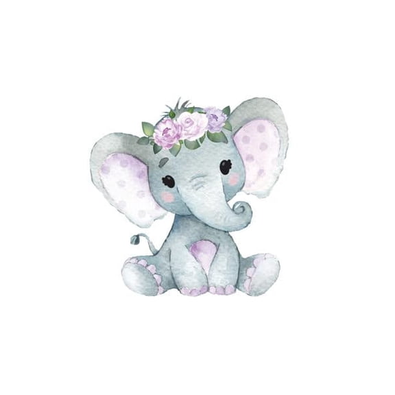7.5" Round Pre-Cut Cute Baby Elephant With Purple Flowers Baby Shower Edible Image Cake Topper By TNCT