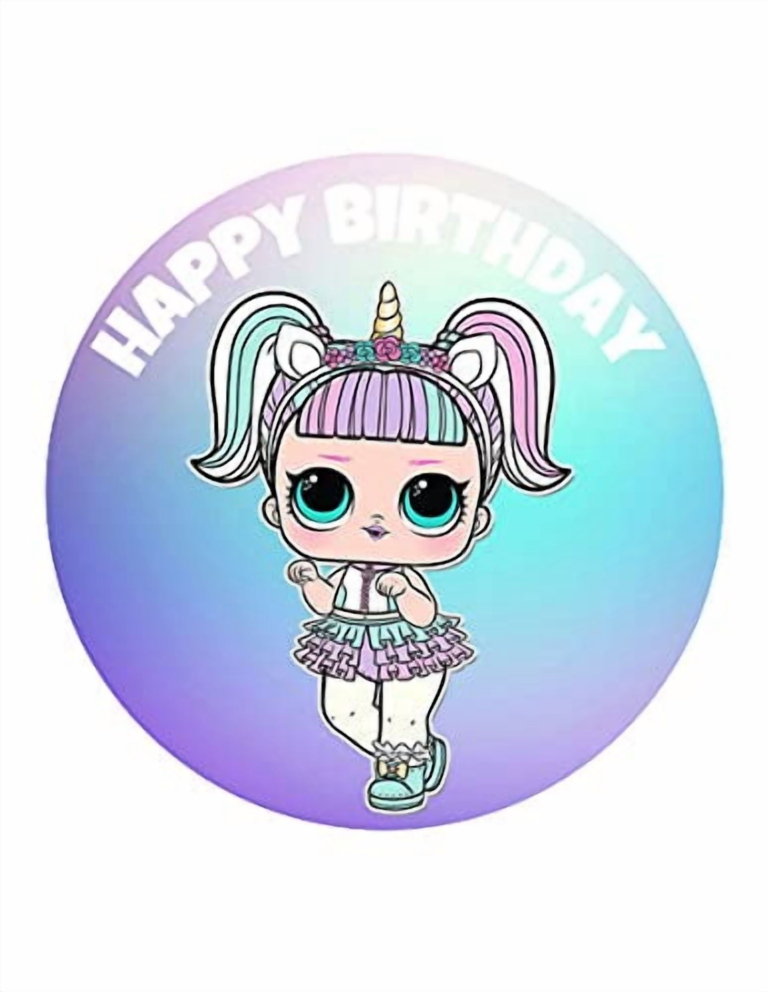 7.5" Round Pre-Cut L.O.L Surprise Doll Unicorn Girl Happy Birthday Edible Image Cake Topper By TNCT