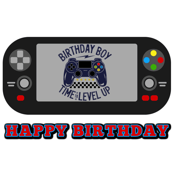 7.5" Round Pre-Cut Multicolor Birthday Boy Gamer Controller Edible Image Cake Topper, by Tnct. (1 Count)
