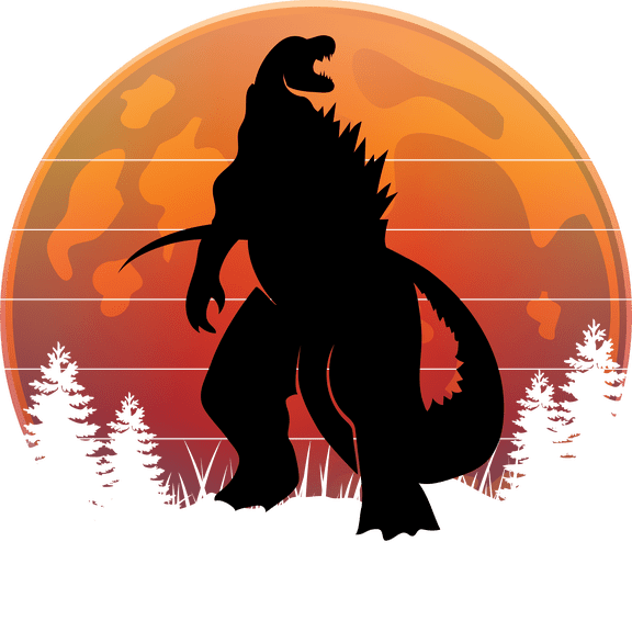 Silhouette of Godzilla in the Sunset Dinosaur Party theme Edible Icing Image Cake Topper, by Tnct.