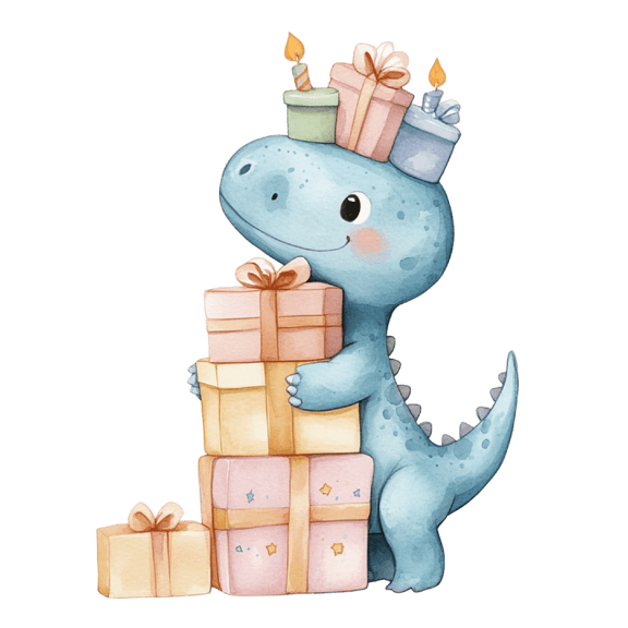 Watercolor Baby Blue Dinosaur Hugging Presents Edible Icing Image Cake Topper, by Tnct.